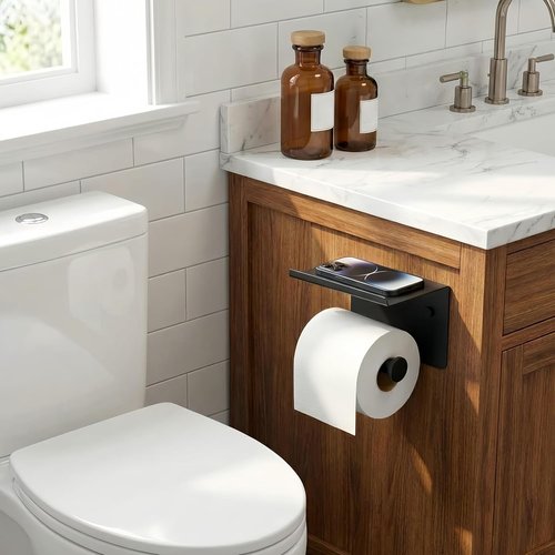 FORIOUS Toilet Paper Holder - Wall Mount with Shelf | SUS 304 Stainless Steel, Matte Black Finish