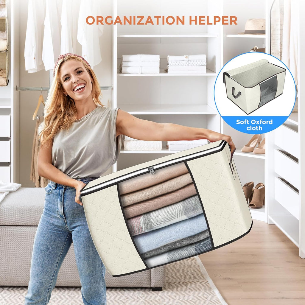 Skiennix 90L Large Storage Bags - 4 Pack Foldable Closet Organizers with Reinforced Handles | Beige