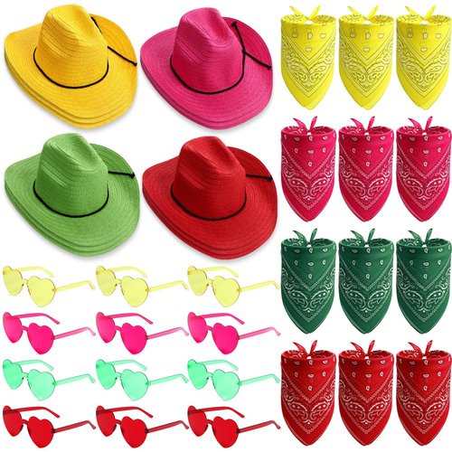 Chicingyou 12 Pieces Straw Cowboy Hats with Bandanas and Glasses, Costume Hat Accessories for Birthday Western Theme Party Supplies