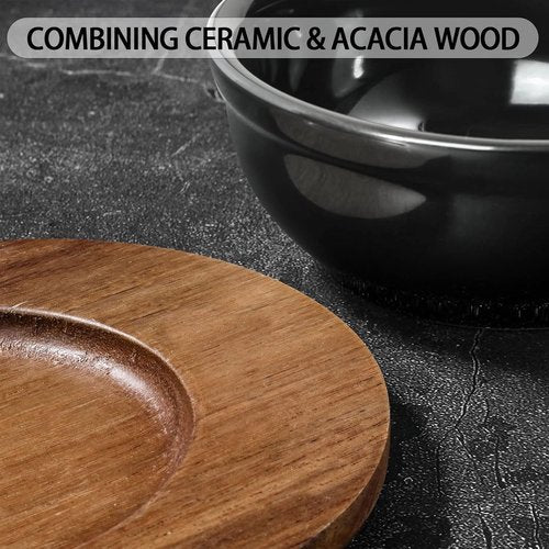 Artena Chip and Dip Serving Set - 12 oz Solid Ceramic with Acacia Tray & Black Bowls | Perfect for Appetizers