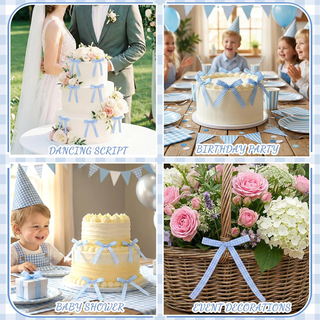 Skiennix 30 Pack Bow Cake Toppers - Blue Gingham Ribbons for Birthday & Baby Shower Celebrations