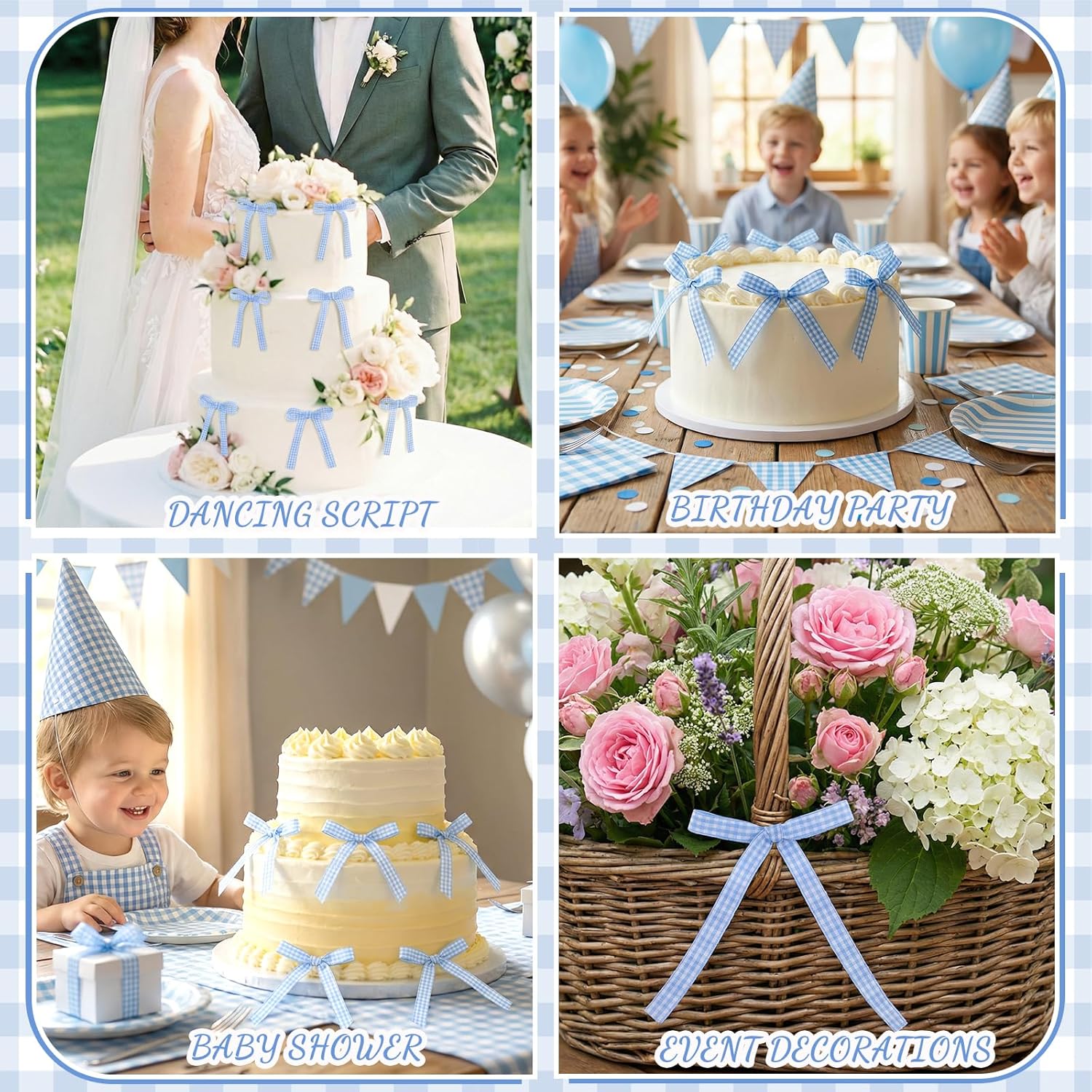 Skiennix 30 Pack Bow Cake Toppers - Blue Gingham Ribbons for Birthday & Baby Shower Celebrations