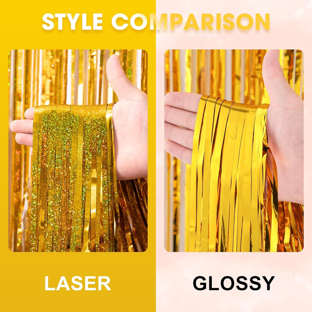 Voircoloria 3 Pack Laser Gold Foil Fringe Backdrop Curtains - 3.3 x 8.2 ft Tinsel Streamers for Parties