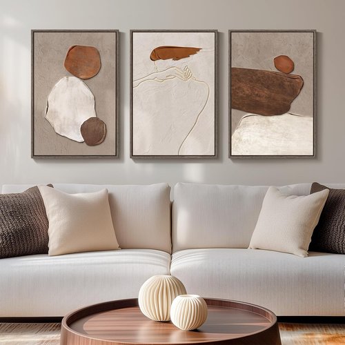 Framed Neutral Abstract Wall Art - 3 Piece Earth Tones Rustic Canvas Prints for Living Room | 16x24 Inch