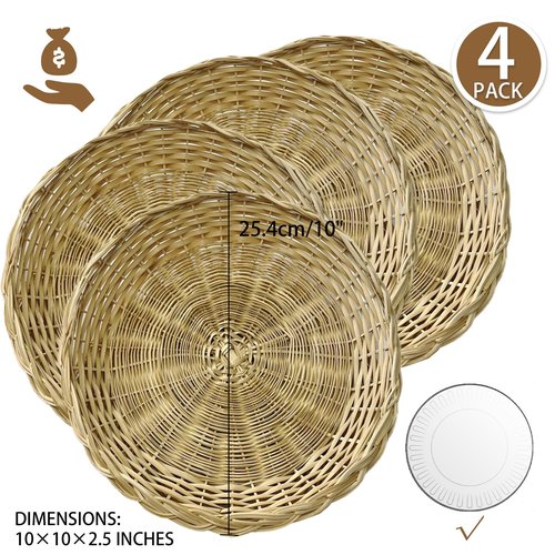 KAILIYA 9.5inch 4PCS Handmade Wicker Paper Plate Holder Set of 4 Heavy Duty Bamboo Paper Plate Holders Reuseable For Home Party Daily Dinning Picnic as Wall Decoration 4 PCS