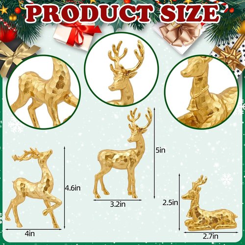 Exasinine Gold Reindeer Decor - 3 PCS Christmas Figurines for Holiday Indoor Decorations | Centerpieces & Ornaments