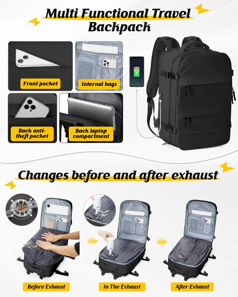 SEAFEW Vacuum Travel Backpack with Electric Pump, Waterproof Personal Item Bag, Women & Men's Anti-Theft Laptop Daypack for Work Trip Gym with Wet Bag & Shoe Compartment, Black