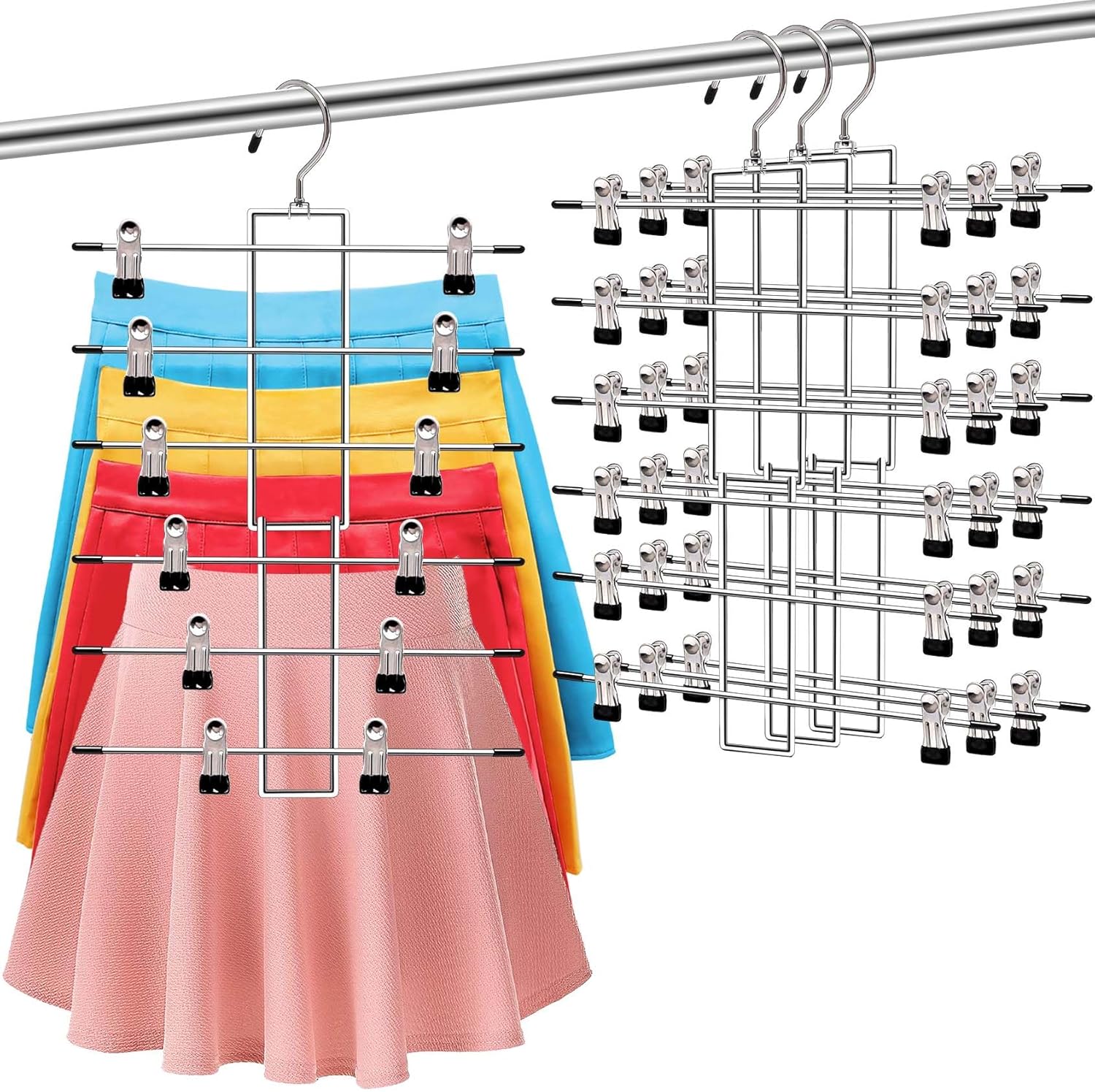 Skiennix 3-Pack Pants Hangers - Space-Saving 6-Tier Closet Organizers with Clips for Clothes Storage | Essential College Dorm Decor