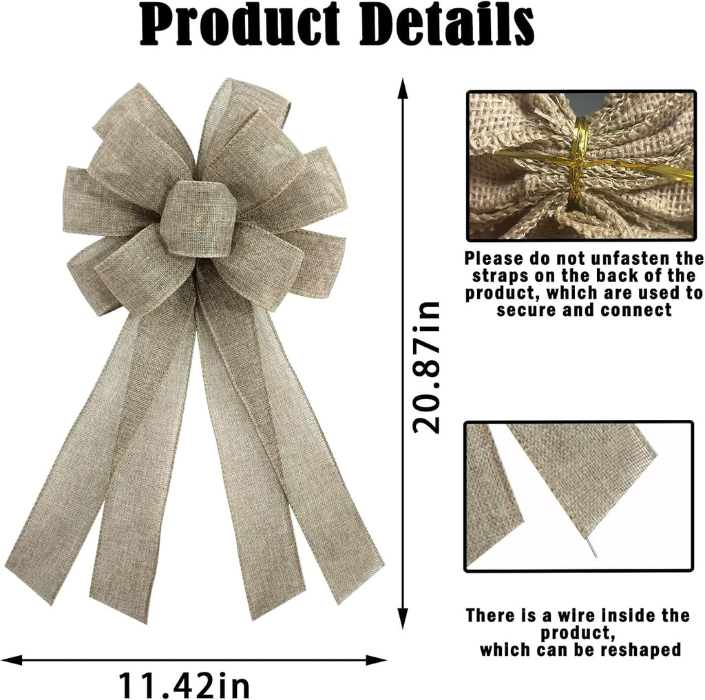 Skiennix Christmas Burlap Wreath Bow - 20 x 11 Inches Holiday Khaki Ribbon for Front Door Decor