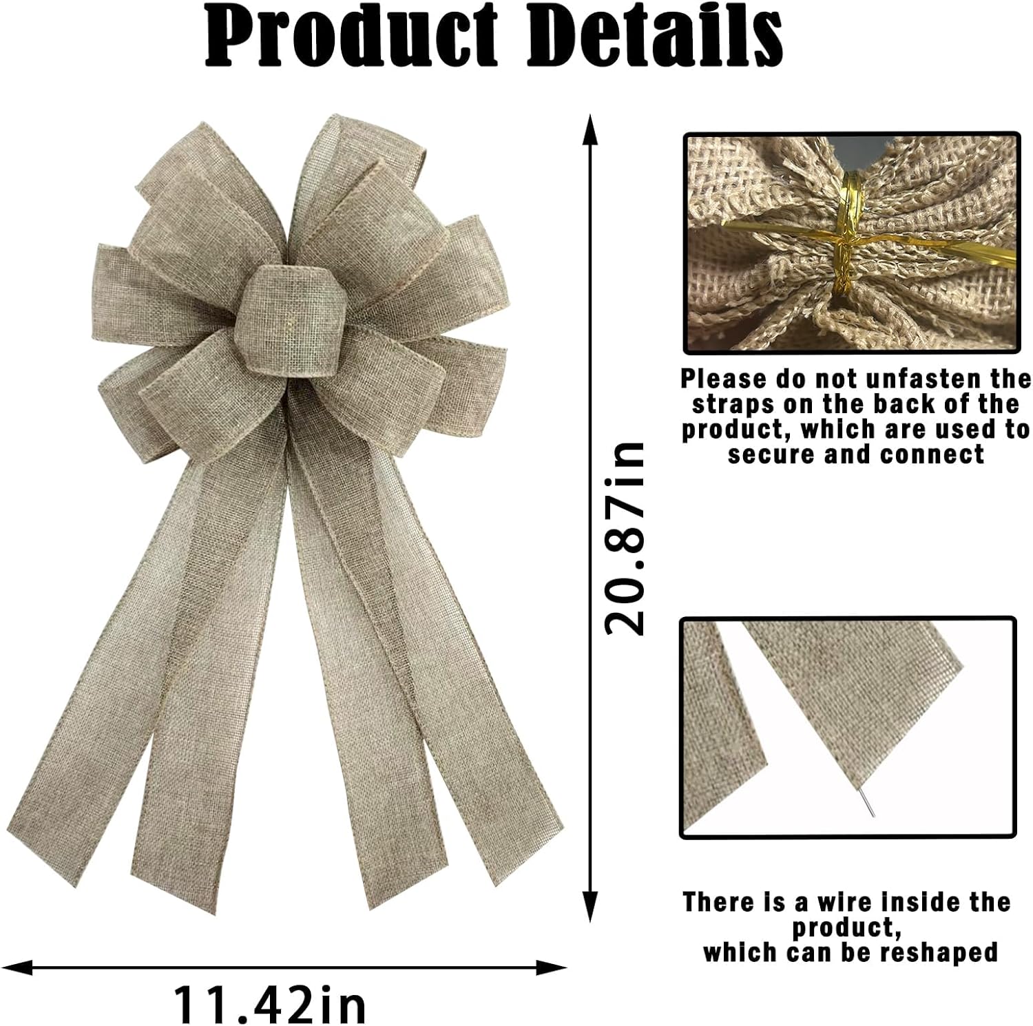 Skiennix Christmas Burlap Wreath Bow - 20 x 11 Inches Holiday Khaki Ribbon for Front Door Decor