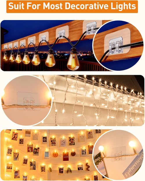 AGPTEK Heavy Duty Hooks for Outdoor String Lights - 100Pcs Clear Cable Clips with Adhesive Strips