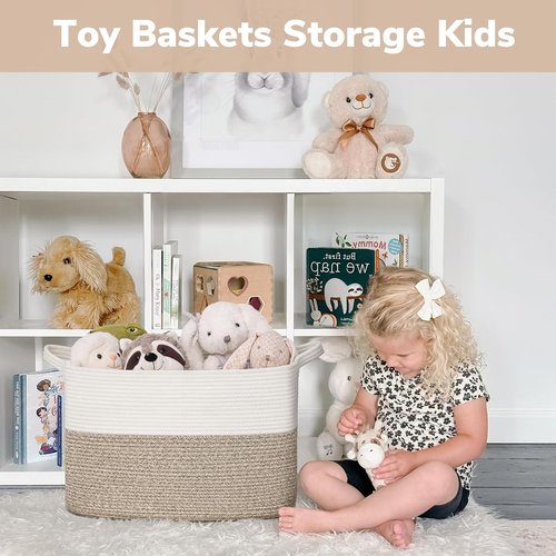Goodpick Woven Baskets - Large 18" x 14" x 12" Rectangle Storage for Blankets & Toys | White & Brown Home Decor