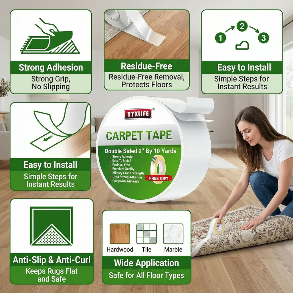 YYXLIFE Double-Sided Rug Tape - Strong Adhesive for Hardwood Floors | Non-Slip, No Residue, 2" x 10 Yards, White
