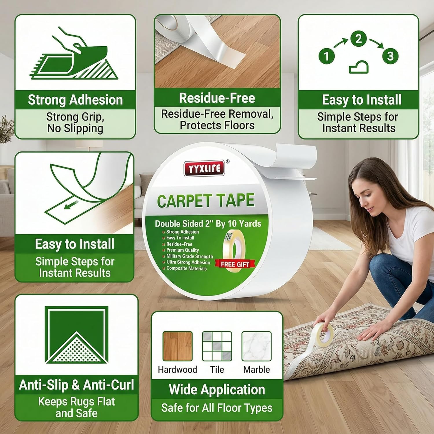 YYXLIFE Double-Sided Rug Tape - Strong Adhesive for Hardwood Floors | Non-Slip, No Residue, 2" x 10 Yards, White