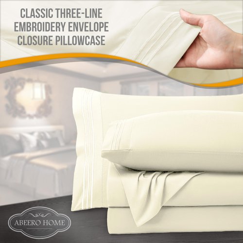 Abeero Home Twin Sheets Set - Luxury Hotel Bed Sheets - Soft Cooling Sheet with Elastic Corner Straps - Deep Pockets Microfiber Bedsheet - Bedding Sheet & Pillowcases Sets - 3 PC (Twin Size, Ivory)