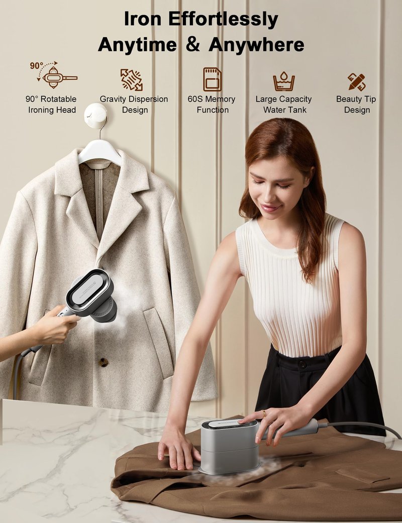 KopBeau Steamer for Clothes,2-in-1 Clothes Steamer & Iron for Wrinkles Remover,NTC Precision Ironing Protects Clothes,14 Min of Continuous Steam,1000W Travel Steamer for Travel and Home Use,Grey