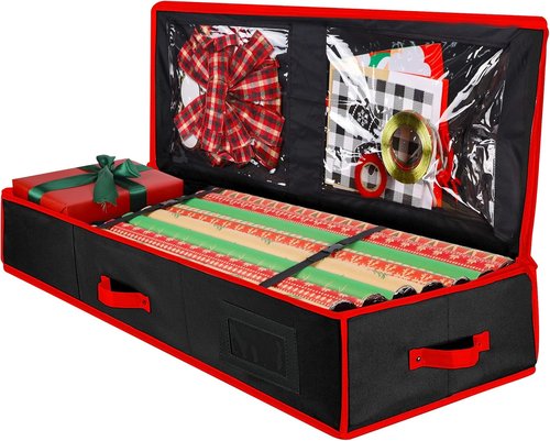Juegoal Christmas Storage Organizer - 40.5 Inch Gift Wrapping Paper Storage with Interior Pockets | 2023 Upgrade Underbed Box, Tear-Proof Fabric