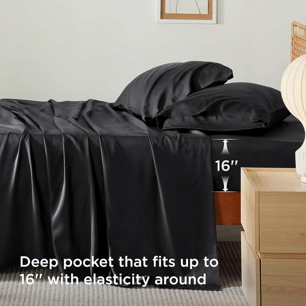 Bedsure Cooling Sheets - Twin XL Bamboo Rayon | Breathable, Soft & Luxurious Black Bedding Set