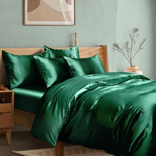 Manyshofu 6Pcs Dark Green Duvet Cover Cal King Size Set with Satin Fitted Sheet - Not Comforter, Silky Comforter Cover Set Satin Duvet Bed Sheets (4 Pillowcases, 1 Duvet Cover, 1 Fitted Sheet)