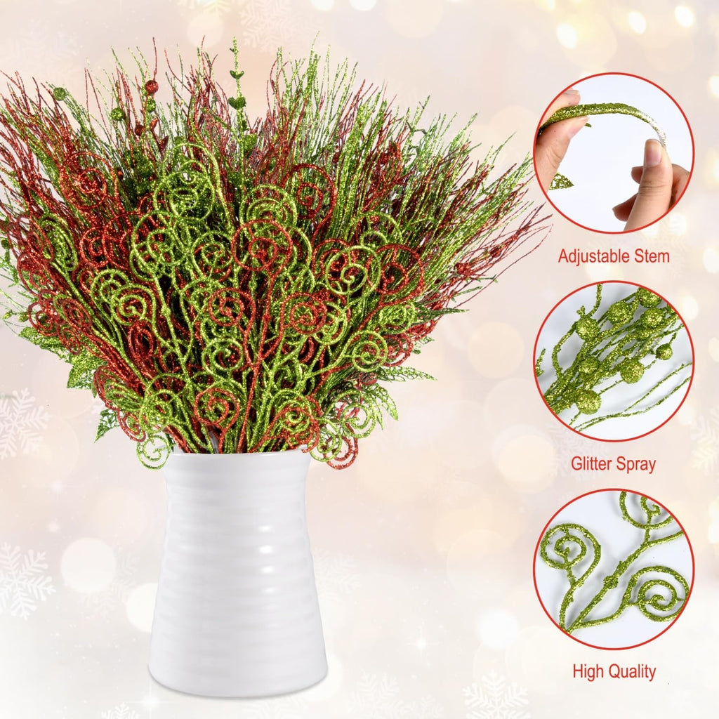 Skiennix 48-Pack Glitter Christmas Tree Picks - 17'' Red & Green Artificial Decorations for DIY Holiday Crafts