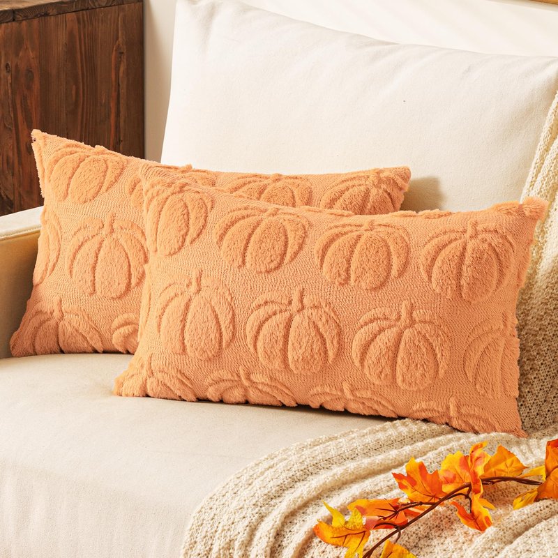EMEMA Fall Decorative Throw Pillow Covers 20x20 Set of 2 Thanksgiving Autumn Harvest Pumpkin Cushion Covers for Porch Couch Sofa Farmhouse Decor Soft Faux Fur Accent Pillow Cases Cream White