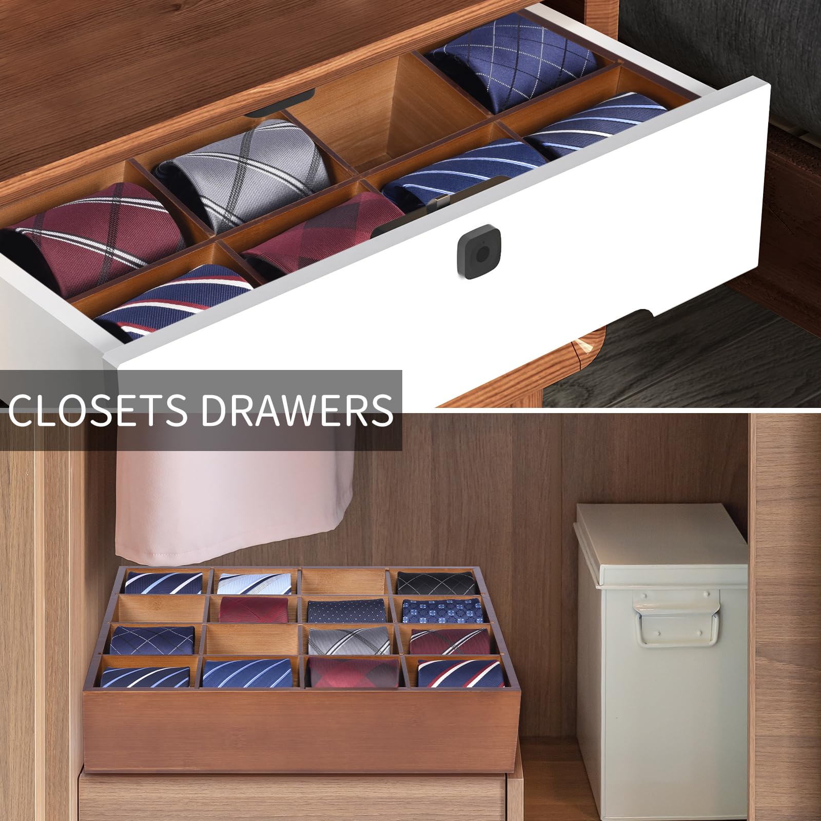 Ribgwo Tie Organizer Wall Mounted Tie Rack,Tie Box for Men,Tie Box Organizer with 16 Compartments，Tie Display Racks for Bedroom, Changing Room, Men Wardrobe(Brown,2 PCS)