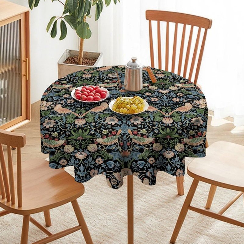 William Morris Floral Tablecloth,Flower Strawberry Birds Retro Boho Botanical Plant Table Cover, Water Resistant Wipeable Tablecloths for Kitchen Dinning Room Decor, 60"