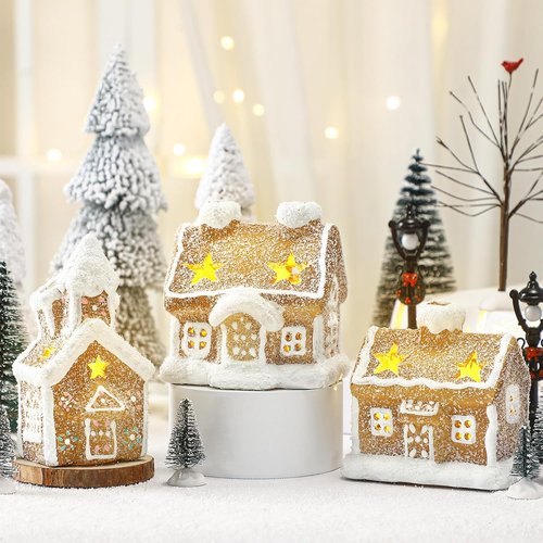 GlikCeil 17-Piece LED Christmas Gingerbread Village Set - Ceramic Houses, Birch & Pine Trees, Streetlight Decor