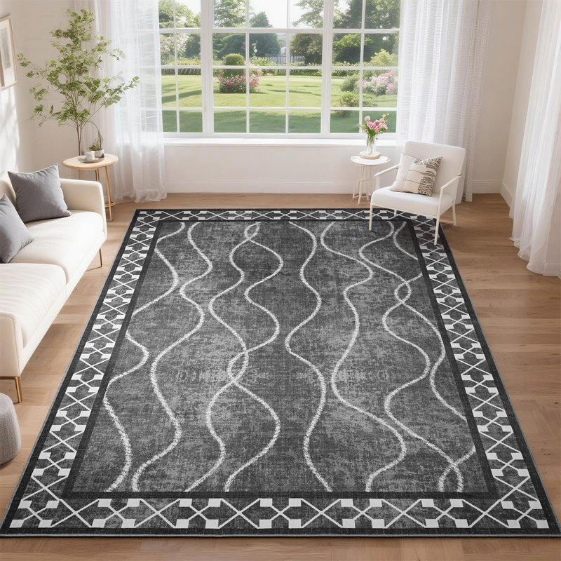 DweIke 5x7 Area Rugs for Living Room, Machine Washable Bordered Rug for Bedroom, Luxury Rubber Backing (Non-Slip) Low Pile Throw Carpet for Dining Room Kitchen Home Decor, Black Grey