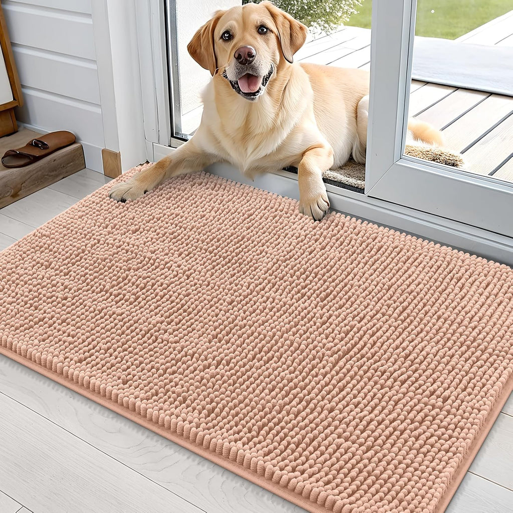 OLANLY Dog Door Mat - Absorbent Non-Slip Washable Chenille Mat for Muddy Paws | 36x24, Peach