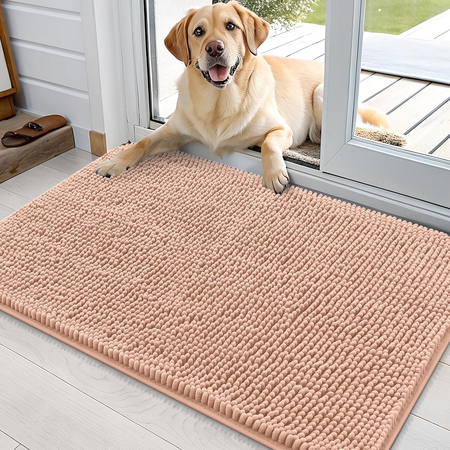 OLANLY Dog Door Mat - Absorbent Non-Slip Washable Chenille Mat for Muddy Paws | 36x24, Peach