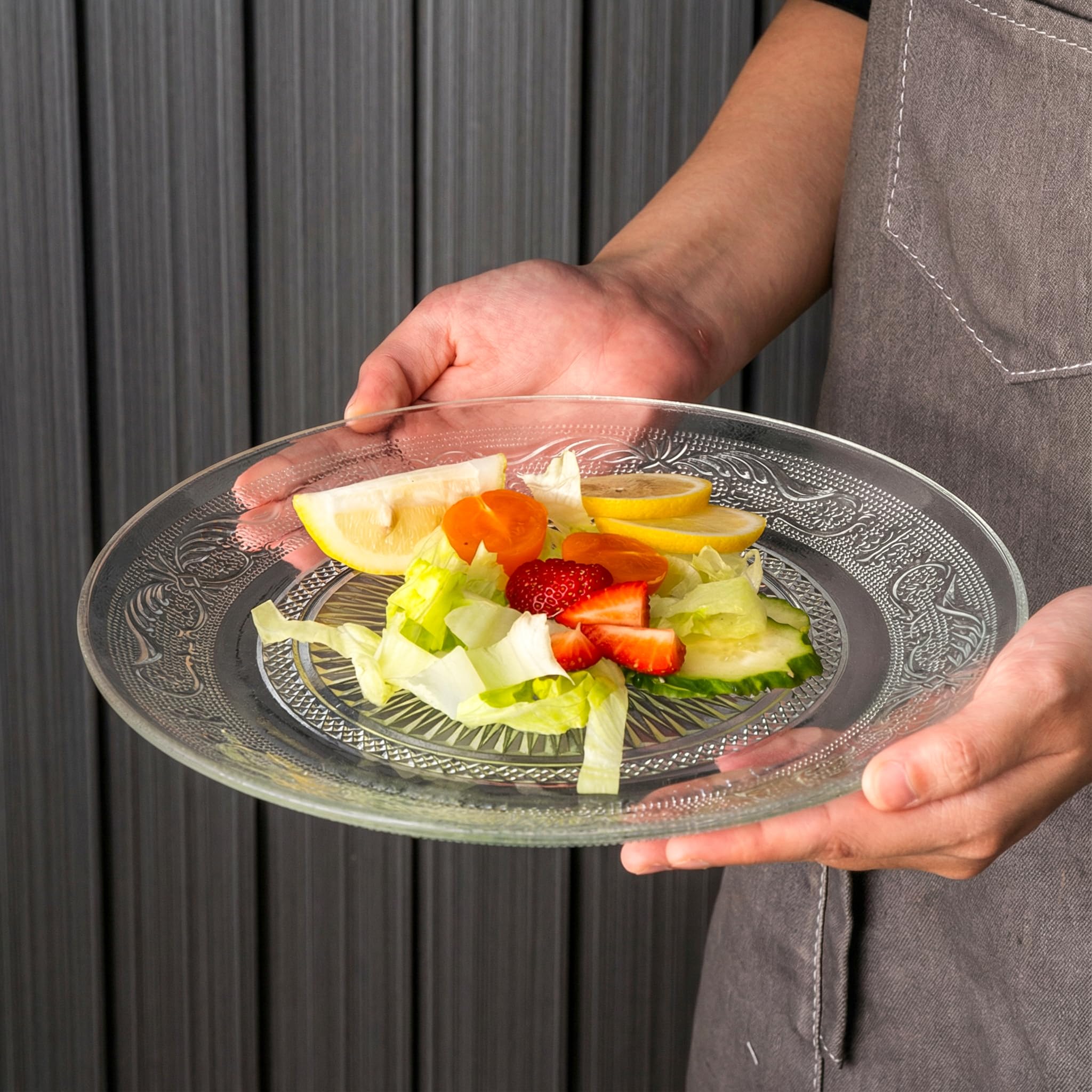 Elsjoy 6 Pack 10 Inch Large Glass Dinner Plate, Clear Round Serving Plate Vintage Embossed Dinnerware for Salad, Pasta, Fruits