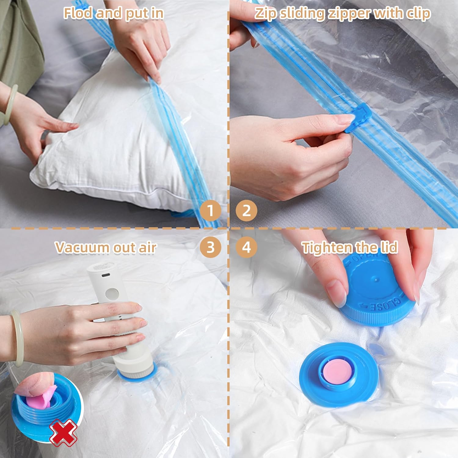 Skiennix Travel Vacuum Bags - 6 Pack Compression Storage Bags with Rechargeable Pump | Space Saver for Clothing