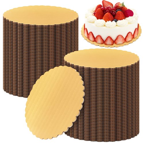 Eaasty 100 Pack Gold Cake Boards Round Cake Base Boards Disposable Plate Scalloped Bases Round Coated Circle Trays Base for Dessert Party Supplies(6 Inch)