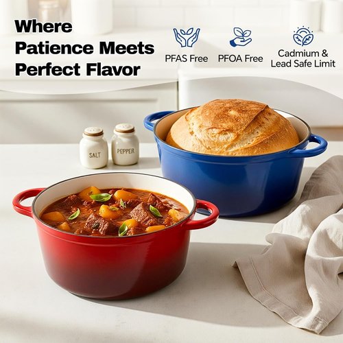 6 Quart Enameled Cast Iron Dutch Oven by [Brand Name] - Non-Stick, Heavy-Duty, Oven Safe Up to 500°F | Ideal for Baking, Braising, Stews, Roasting - Blue