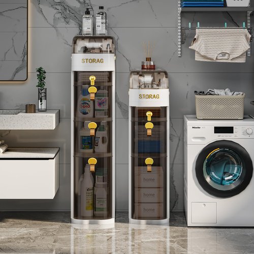 IYINIYI 4-Tiers Slim Bathroom Storage Cabinet, Plastic Narrow Rolling Bathroom Floor Organizer with Drawers & Tissue Box for Small Spaces Laundry Kitchen Living Room, Waterproof & No Installation