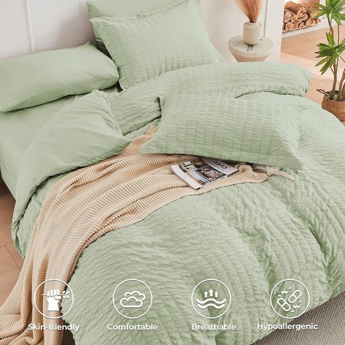 HYMOKEGE Twin Comforter Set - Light Green Seersucker 5-Piece Luxury Bedding Set | All-Season Comforter, Sheets & Pillowcases