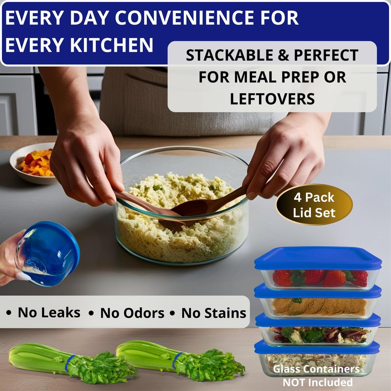 6 Cup/1.5 L Blue Replacement Lids/Covers for Pyrex 7211-PC, 6 Cup/48oz Anchor Hocking & Klare Ware Storage Bowls *Lids Only* - *Glass Container Not Included* (4 Pack, Blue)