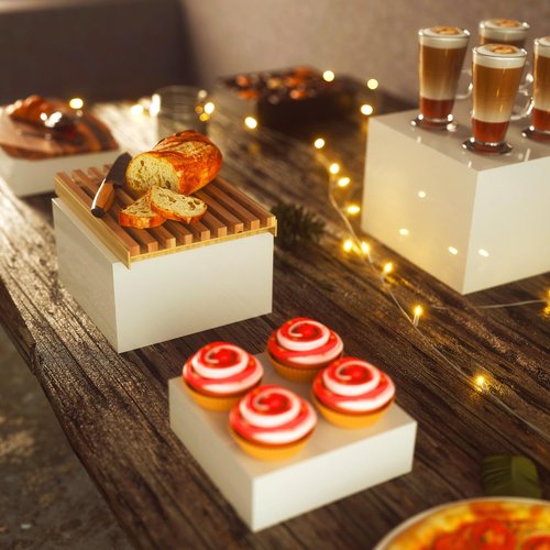 BreeziiDesign 8” White Buffet Risers with Mini Signs – Acrylic Display Box Stands for Party, Catering, Dessert, Cake, and Food Table Setup – Set of 4