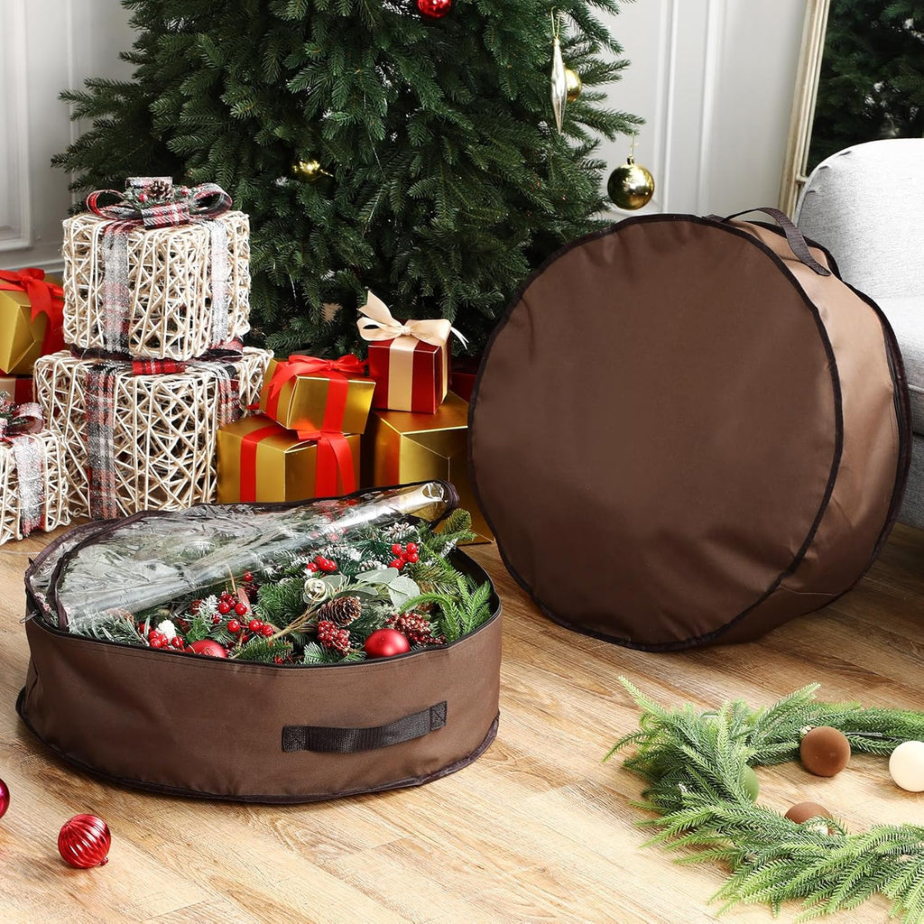 Regine Switzerland 36-Inch Wreath Storage Container - 4 Pack with Clear Window & Dual Zipper, Brown