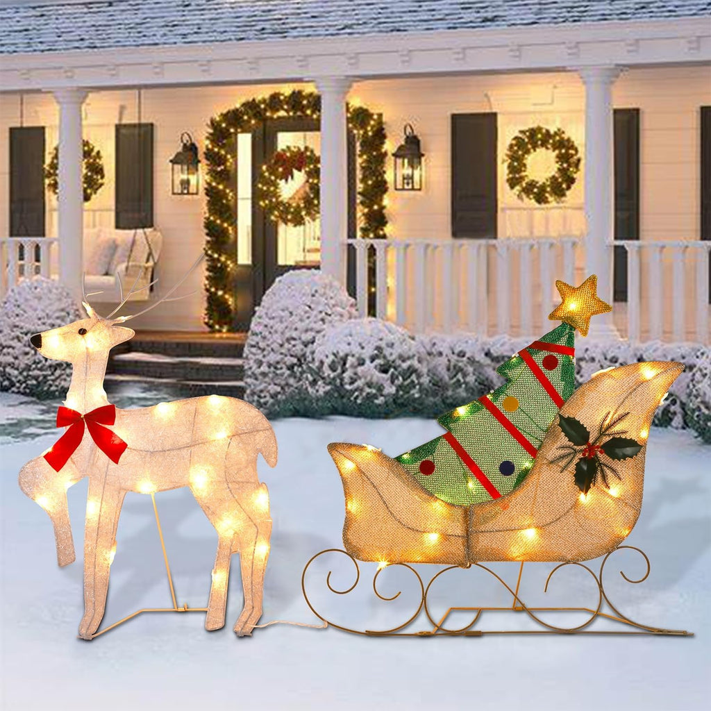 WATERGLIDE Christmas Decorations - 23-Inch Lighted Reindeer & Santa Sleigh | Pre-Lit 2D Yard Decor for Festive Holiday Display