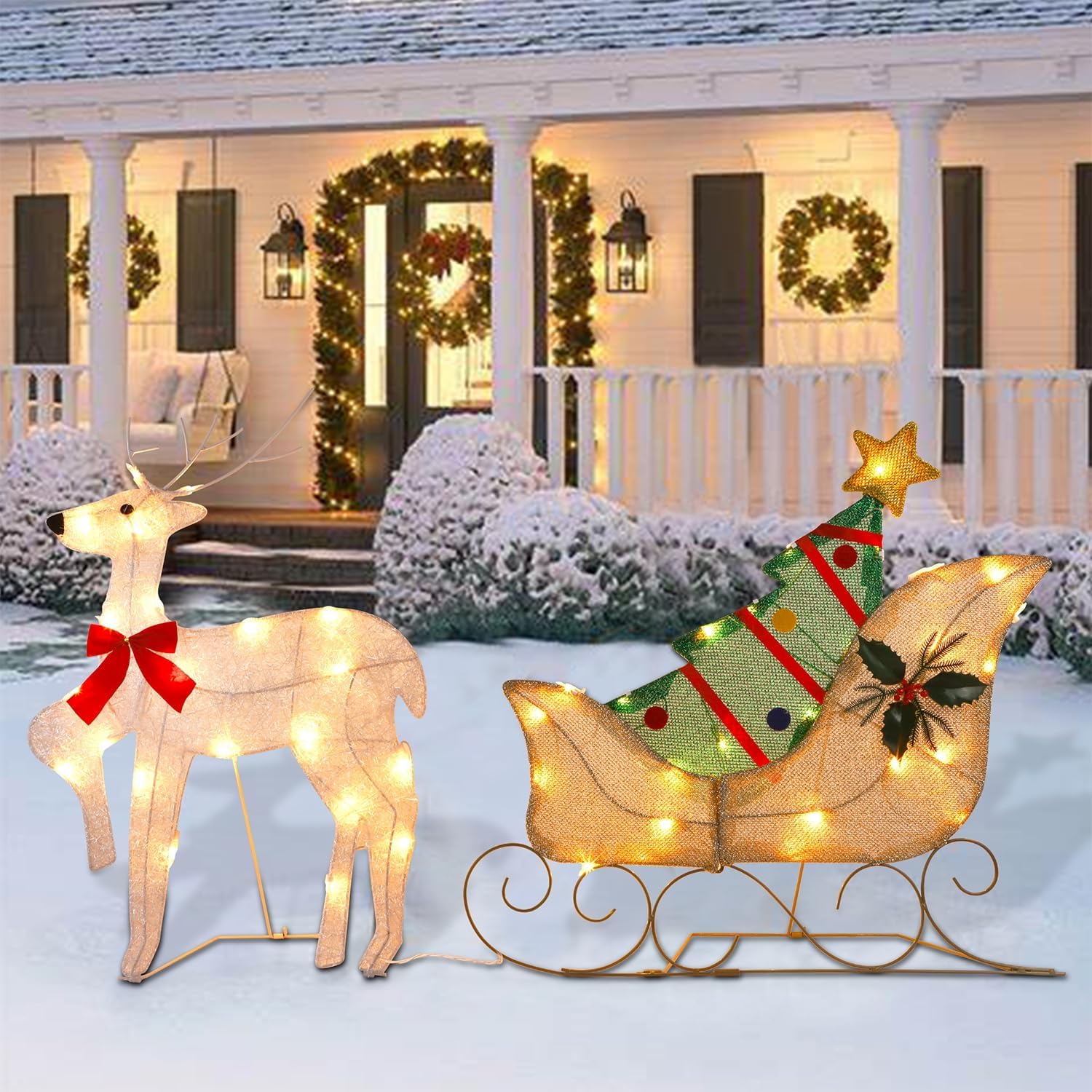 WATERGLIDE Christmas Decorations - 23-Inch Lighted Reindeer & Santa Sleigh | Pre-Lit 2D Yard Decor for Festive Holiday Display