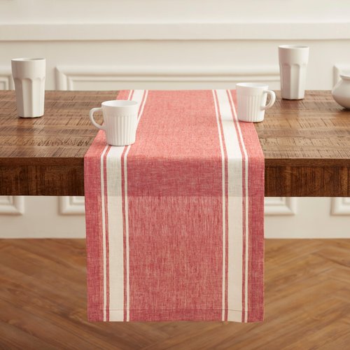 Solino Home Linen Striped Table Runner 108 Inches Long - Country Stripe 100% Pure Linen Red Dining Table Runner 14 x 108 Inch for Mothers Day, Winter