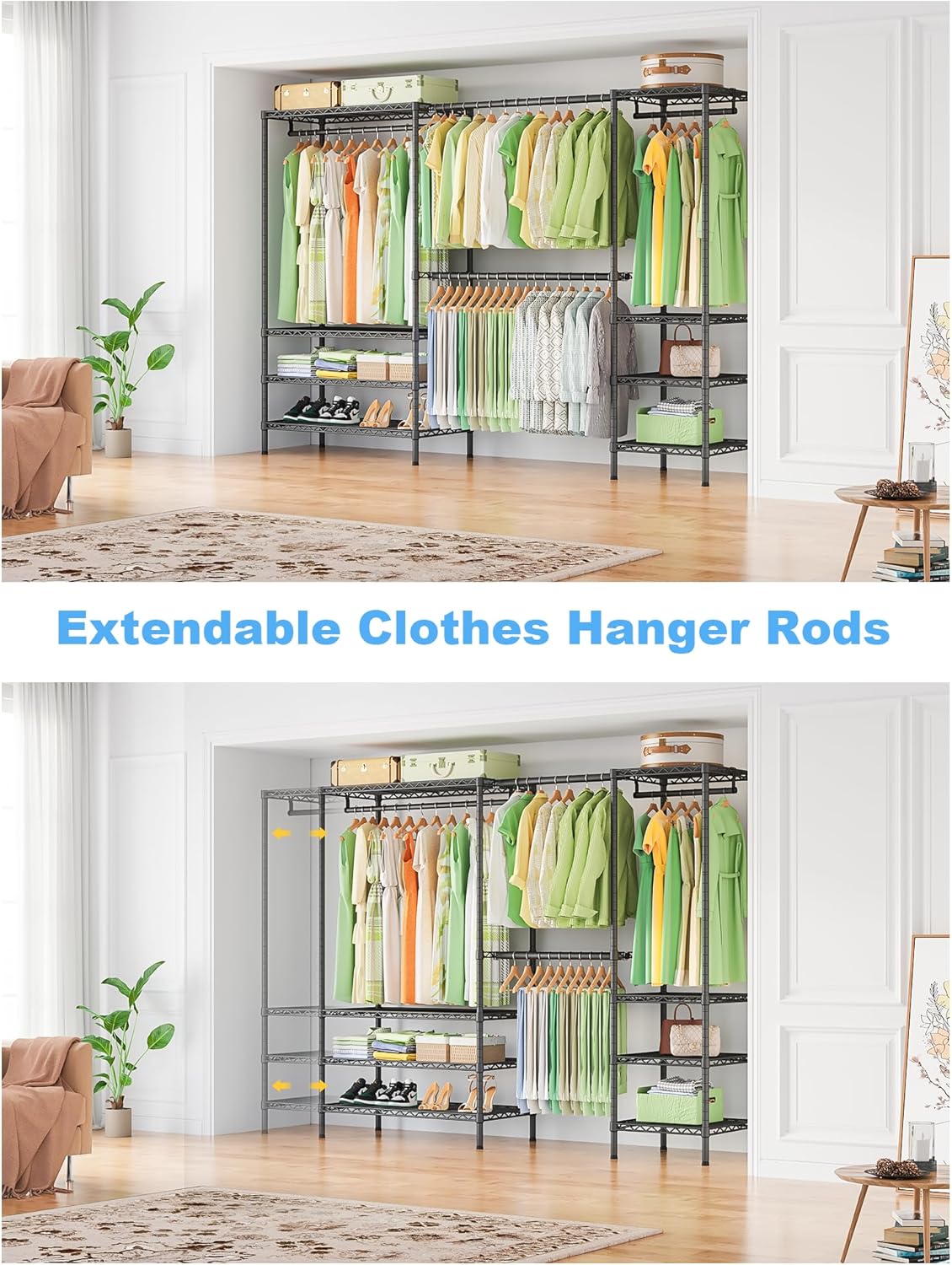 Ulif E11 Heavy-Duty Garment Rack - Metal Freestanding Clothes Organizer with 8 Shelves & 4 Hanger Rods | Black, 73.2-97.6" W x 14.5" D x 71.2" H, 1034 LBS Capacity