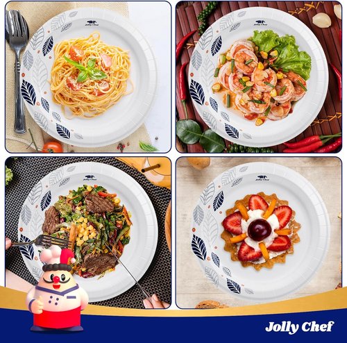 JOLLY CHEF 10-Inch Heavy Duty Paper Plates - 140 Count, Soak Proof & Cut Proof for Everyday Use