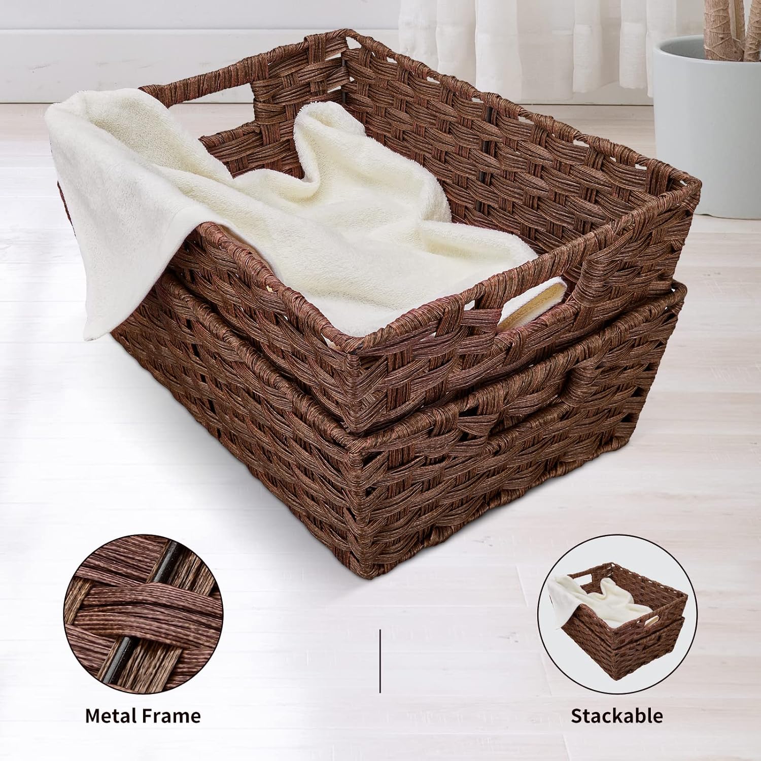 Onlytak Large Wicker Storage Basket Set - Washable Waterproof Design | 15" x 10.3" x 5.2" | Brown Color for Home & Patio