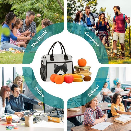 Boccsty Cat Tuxedo Kitty Kids Reusable Lunch Box Boys Girls Insulated Lunch Bag Women Men Cooler Tote Bag Organizer Meal Prep for School Office Picnic M
