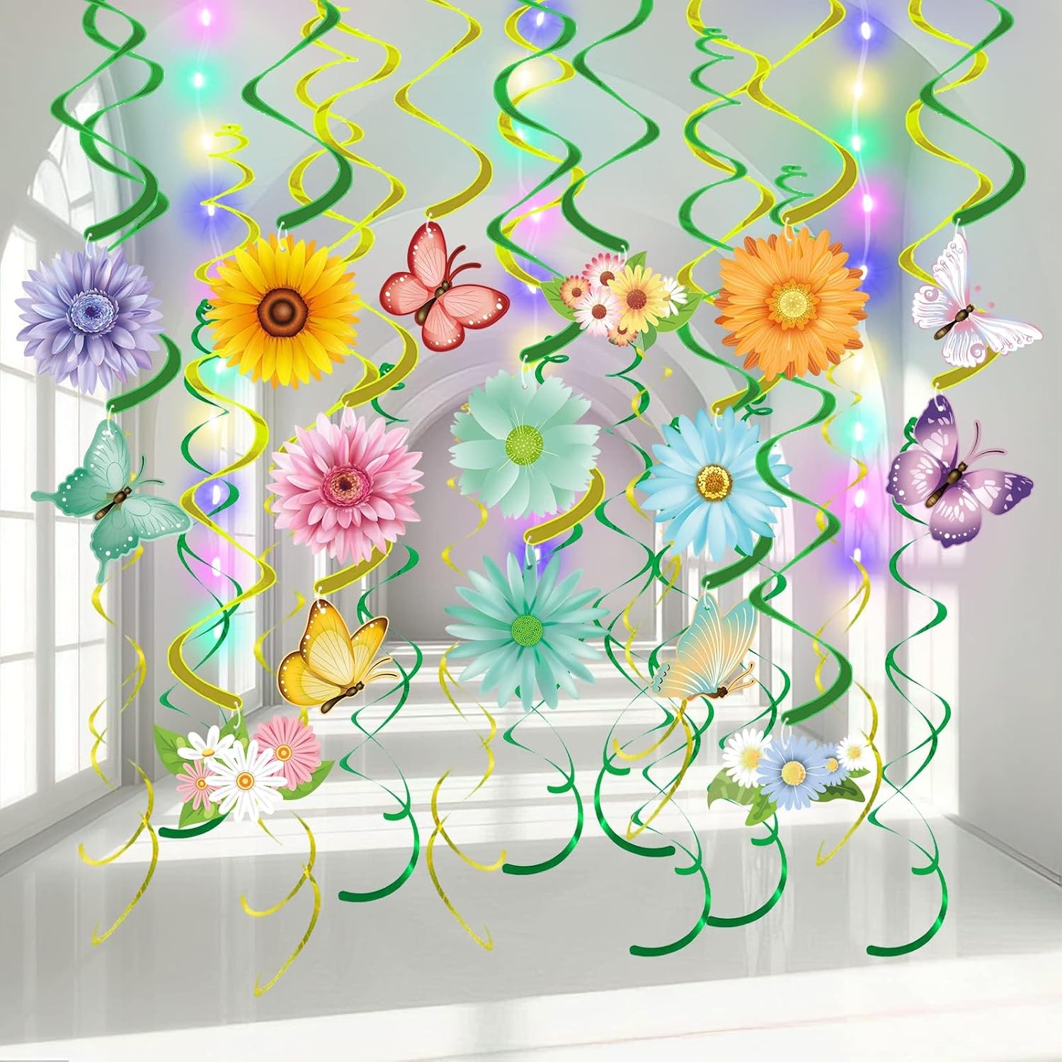 Skiennix 33-Piece Spring Hanging Decorations | LED Flower & Butterfly Swirls for Easter Parties