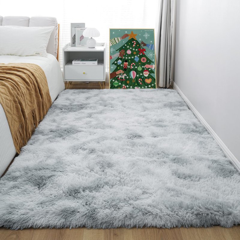 KICHOWUA 6x9 Light Grey Fluffy Shag Area Rug for Bedroom, Soft Plush Fuzzy Washable Non Slip Carpet for Living Room, Modern Comfy Furry Shaggy Large Rug for Kids Baby Boys Nursery Dorm, Tie-Dye Gray