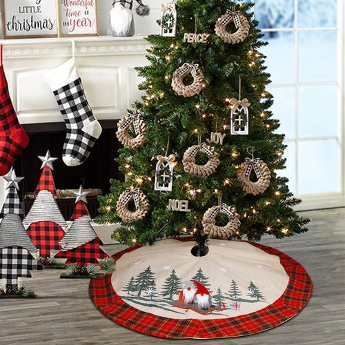 Juegoal 32-Inch Christmas Tree Skirt - Soft Red & Black Plaid Design with Gnome Sledding Decor